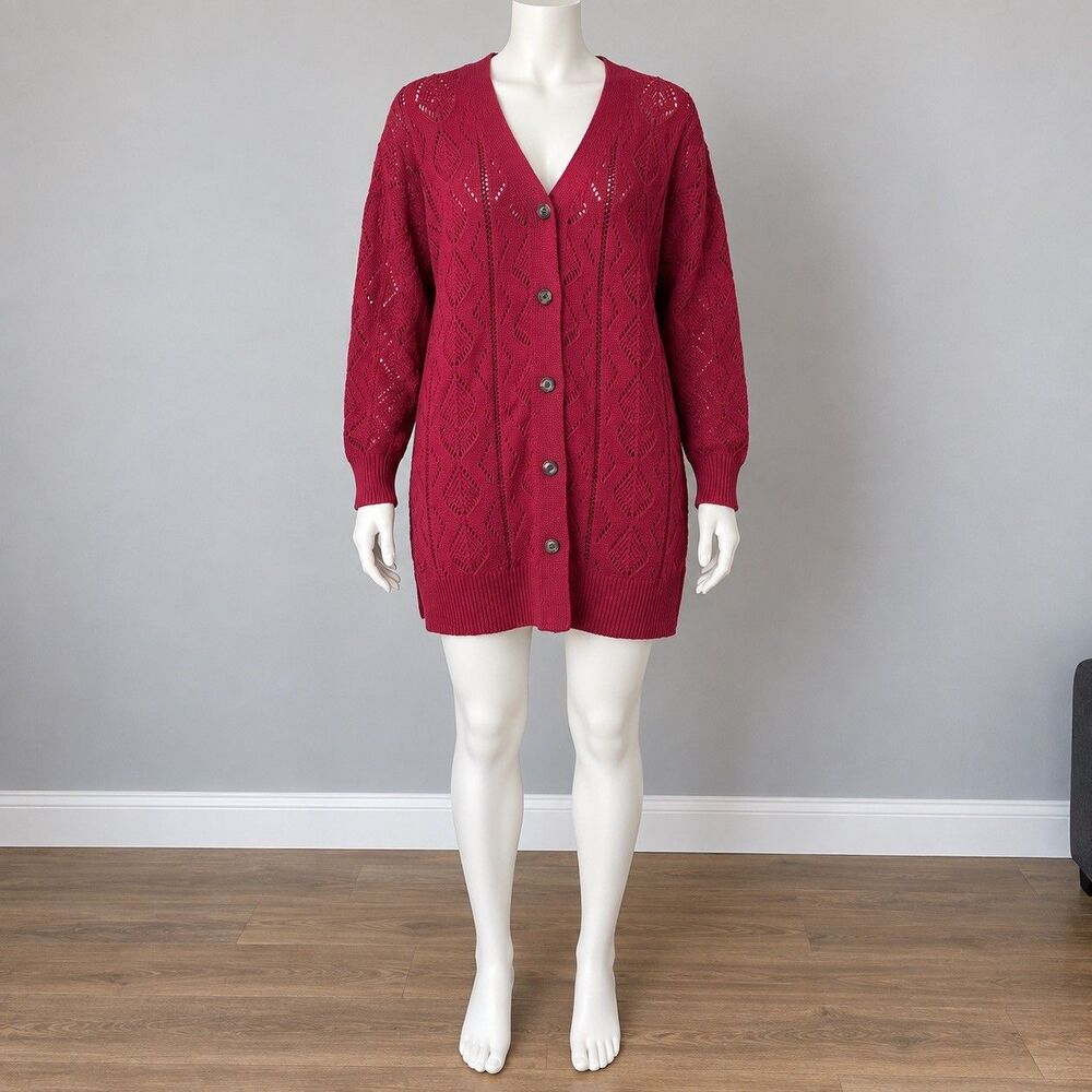 Grace Karin Womens XL Burgundy Open Knit Long Cardigan Sweater Duster Boho